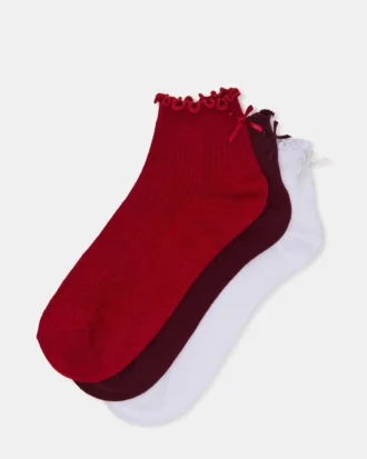 3-pack Melody-strumpor med spetskant och rosett, röda i flera färger